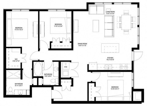 Floor plan for 3 beds, 2 baths, 1422 sqft